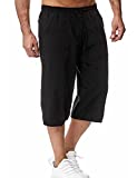 HangNiFang Men's Long Linen Shorts Below Knee Pocketed 3/4 Summer Drawstring Capri Pant(0131-Black-XL)