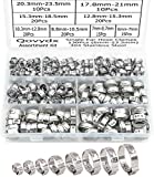 Qovydx 130 Pieces 1/4"-15/16" Single Ear Hose Clamps 304 Stainless Steel Stepless Cinch Rings Crimp Clamps Assortment Kit for Securing Pipe Hoses and Automotive Use