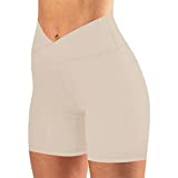 Womens Biker Yoga Shorts Crossover Summer 5" Inseam High Waisted Workout Athletic Running Short Pants Khaki,Medium