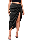 SheIn Women's Plus Asymmetrical Side Split High Waist Midi Ruched Satin Skirt Black X-Large Plus