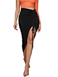 SheIn Women's Ruched Drawstring High Waist Asymmetrical High Low Hem Midi Skirt Black Large