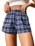 Floerns Women's Plaid Print Elastic High Waist Wide Leg Casual Shorts Navy Blue Petite L