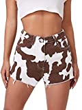 Floerns Women's Raw Hem High Waist Denim Shorts with Pocket Brown White M