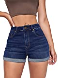 Floerns Women's Casual High Waist Folded Hem Denim Shorts Deep Blue S