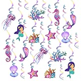 UOMNICUE Mermaid Hanging Swirl Decorations,20 PCS Double Sided Print Mermaid Themed Foil Swirls Dangling Ceiling Streamers Wall Decals for Kids Girls Birthday Baby Shower Under the Sea Party Supplies