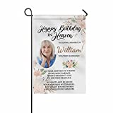 Customized Photo Garden Flag, Happy Birthday in Heaven Personalized In Loving Memory of Picture House Flag Yard Banner with Name Date for Outsides Outdoor Lawn Memorial Birthday 12x18 Double Sides