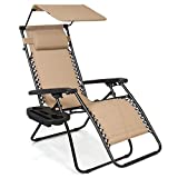 Best Choice Products Folding Zero Gravity Outdoor Recliner Patio Lounge Chair w/Adjustable Canopy Shade, Headrest, Side Accessory Tray, Textilene Mesh - Beige