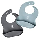 Bear&Joy Silicone Bibs for Babies, 2 Pack Baby Silicone Bibs, Soft Adjustable Fit Waterproof Bibs, Feeding Bibs with Food Catcher Pocket for Toddlers Girls Boys Kids - Dark Gray/Light Blue