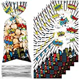 100 Pcs Hero Cellophane Treat Bags, Hero Party Gift Candy Bags, Hero Themed Goodie Favor Bags with 100 Silver Twist Ties for Gift Wrapping Children Birthday Party Baby Shower Decor (White Background)