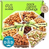 Fathers Day Nuts Gift Basket + Green Ribbon (7 Assortment, 1.8 LB) Gourmet Bouquets Arrangement Platter, Birthday Care Package, Healthy Food Tray Kosher Snack Box for Dad Papa Men Women Adults, Prime