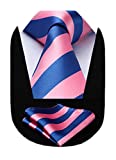 HISDERN Stripe Mens Ties Pink Blue Tie Blush Pink Royal Blue Ties for Men Striped Necktie and Pocket Square Formal Business Woven Silk Neckties Handkerchief Set