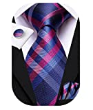 Hi-Tie Mens Royal Blue and Pink Plaid Ties Silk Necktie with Handkerchief Cufflinks Set for Business