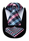 HISDERN Plaid Tie Handkerchief Woven Classic Stripe Men's Necktie & Pocket Square Set,Pink & Blue,One Size