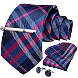 DiBanGu Pink Blue Tie Silk Plaid Necktie Pocket Square Cufflink Set for Men Formal Business