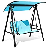 Tangkula 2-Person Patio Swing, Weather Resistant Porch Swing with Adjustable Canopy, Steel Frame, Outdoor Modern Canopy Swing with Handrails, Suitable for Porch Garden Poolside (Turquoise)