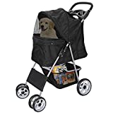 Foldable Pet Dog Stroller for Cats and Dog Four Wheels Carrier Strolling Cart with Weather Cover, Storage Basket + Cup Holder