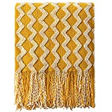 NTBAY Acrylic Knitted Throw Blanket, Lightweight and Soft Cozy Decorative Woven Blanket with Tassels for Travel, Couch, Bed, Sofa, 51 x 67 Inches, Mustard Yellow Wave