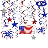 40 Ct 4th of July Decorations Hanging Swirls with Americans Flag/Stars, Red White and Blue Patriotic Fourth July Decor Party Supplies for Home Outdoor
