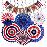 19pcs Christmas Decor 4th of July Party Supplies of 6 Red White Blue Paper Fans and 12 Hanging Swirls and 1 Love USA Pattern Banner for Xmas Independence Day, Memorial Day Decoration, Patriotic Decor