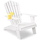 Hitwby Oversized Poly Lumber Adirondack Chair with Cup Holder, Fade-Resistant Lounge Chair with 350lbs Duty Rating, All-Weather Chair for Fire Pit & Garden, 38L 30.25W 41.5H (White) 