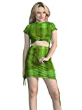 Women Snakeskin Floral Print Dress Sexy Gauze Mesh Crop T-Shirt Top Bodycon Skirt Set L Green