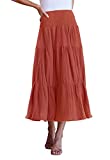 ZESICA Women's Casual High Elastic Waist Solid Color Ruffle A Line Swing Midi Skirt,RustRed,Large