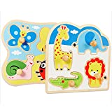 Wooden Toddler Puzzles, JOIWOD Jumbo Peg Puzzle for Kids 10-18 Months, Wooden Puzzles for Toddlers 2 Sets Animal Puzzles, Educational Knob Puzzle for Kids Gifts for 1 2 3 Years Old.