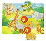 Wooden Peg Baby Puzzles, Full-Color Pictures Animal Shape Chunky Puzzle, Jumbo Knob Zoo Puzzle for Toddlers 18 Months and Up, 6Pieces