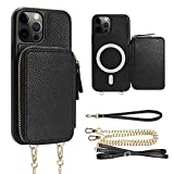 ZVE iPhone 12 Pro Max Magsafe Wallet Case Crossbody, Magnetic Wireless Charging Phone Case with Card Holder Wrist Strap for Women, Zipper Leather Purse Cover for iPhone 12 Pro Max, 6.7"-Black