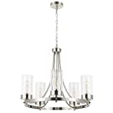 VONLUCE 5 Light Chandelier Brushed Nickel, Modern Dining Room Light Fixture Hanging with Clear Glass Shade, Wagon Wheel Chandelier with Adjustable Chain for Living Room Bedroom Kitchen