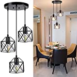 DLLT Vintage Pendant Light, Adjustable Mini Hanging Pendant Lights Fixture with 3-Light Cage Shade, Flush Mount Ceiling Swag Lighting for Kitchen/Dining Room/Hallway/Bedroom, E26 Base (Black)