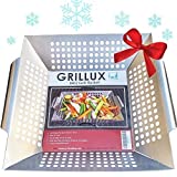 Grillux The #1 Vegetable Grill Basket BBQ Gift Accessories for Grilling Veggies - Use as Wok, Pan, or Smoker - Quality Stainless Steel - Camping Cookware - Charcoal or Gas Grills OK (1)