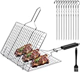 MHGRUITN Grill Basket, Barbecue Basket with Detachable Handle, Stainless Steel Grilling Barbecue Accessories, BBQ Tools Suitable for Fish, Meat, Vegetable, Steak, Shrimp and Skewers