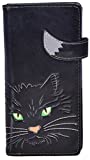 Shag Wear Women's Vegan Leather Slim Trendy Clutch Wallet with 11 Credit Card Slots, Clear ID Window and Zipper Coin Pocket, Fluffy Cat Black