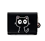 Cute Little Cat Pattern Small Wallet Credit Card Holder Cash Pockets ID Window with Paw Pendant (BLACK, Tri-fold)