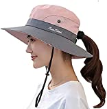 Womens Foldable Wide-Brim UV-Protection Sun-Hat with Ponytail Hole (Pink)