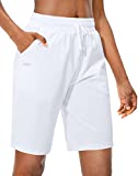 Viodia Women's Bermuda 10" Long Shorts with PocketsCotton Sweat Lounge Shorts for Women Jersey Athletic Knee Length Shorts for Summer White