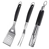 HAUSHOF Large Grill Accessories Heavy Duty BBQ Set - Premium Stainless Steel Spatula, Fork & Tongs (16.5/16/16.5 in.), Barbecue Utensils Tool Kit Gift for Grilling Lover Outdoor