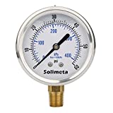 Solimeta 2-1/2" Dial Size, Liquid Filled Pressure Gauge, 0-60psi/kpa, 304 Stainless Steel Case, 1/4"NPT Lower Mount