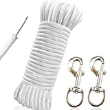 RUSON 50 Feet 5/16 Inch Wire Center Flag Pole Rope and Clips Kit, White Braided Polyester Halyard Steel Center Flag Rope with 2 Pcs 3.5" Flag Swivel Snap Hooks