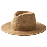 Straw Panama Sun Hats for Women Men Summer Wide Brim Fedora Beach Hat UPF50+ Brown