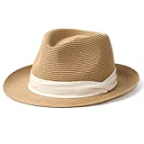 Straw Fedora Sun Hats for Women Men Summer Sun Beach Hat Packable Short Brim Roll Up Straw Panama Fedora Hat Khaki-Beige