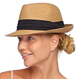 FURTALK Fedora Straw Sun Hat for Men Women Foldable Roll Up Short Brim Trilby Hat Panama Beach Hat UPF 50+ (Khaki, Medium)
