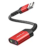 USB Audio Adapter, JSAUX External Stereo Sound Card, USB to 3.5mm Jack Audio Adapter with 3.5mm TRS Headphone and Microphone Jack Compatible with Windows, MAC, PC, Laptop, Desktops, PS5, PS4 -RED