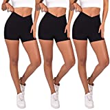 3 Pack Crossover 5" Biker Shorts for Women  Cross Waist Soft Black Workout Yoga Shorts