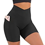 KUNISUIT Women Cross Waist Workout Shorts with Pockets 5" High Waist Booty Sports Biker Shorts (Black, M)