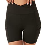 ineepor Scrunch Butt Lifting Biker Shorts for Women High Waisted with Pocket, V Cross Tummy Control Workout Yoga Gym Shorts