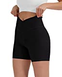 ODODOS Women's 5" Cross Waist Biker Shorts with Hidden Pocket, Non See Through Athletic Workout Running Yoga Shorts, Black, X-Small