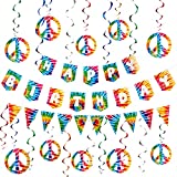 23 Pieces 60's Hippie Groovy Party Decorations Tie Dye Happy Birthday Banner 60's Hippie Theme Party Foil Hanging Swirls Decor for Tie Dye Party 60s Hippie Theme Groovy Party Woodstock Party Supplies