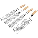 4 Packs 22 Extra Long Stainless Steel Kabob Grilling Baskets with Foldable Handle - Easy Lock 0.4 Mesh Grid Not Falling Out Design Grill Basket Set, Kabob Baskets for Grilling Vegetables, Seafood, Meat